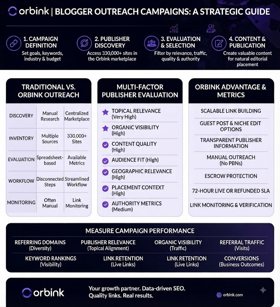 Blogger outreach campaigns strategic guide infographic by Orbink: 4-step campaign process (campaign definition, publisher discovery, evaluation & selection, content & publication), traditional vs Orbink outreach comparison, multi-factor publisher evaluation criteria (topical relevance, organic visibility, content quality, audience fit, geographic relevance, placement context, authority metrics), Orbink advantages (scalable link building, guest post and niche edit options, transparent publisher information, manual outreach with no PBNs, escrow protection, 72-hour Live or Refunded SLA, link monitoring) and campaign performance KPIs (referring domains, publisher relevance, organic visibility, referral traffic, keyword rankings, link retention, conversions)