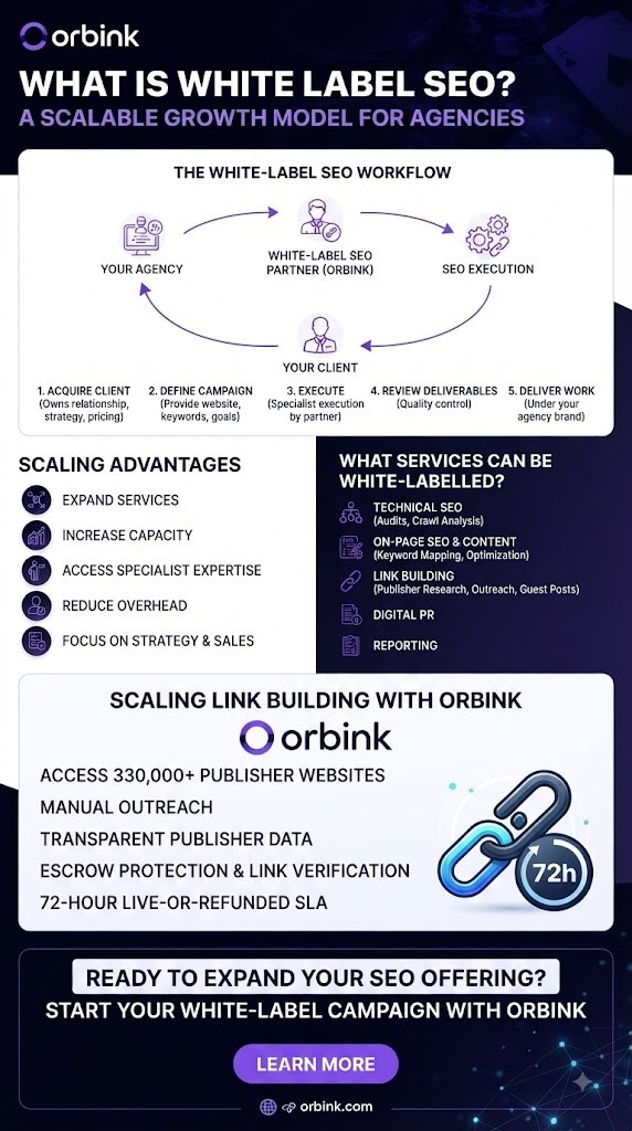 White label SEO workflow infographic - Orbink: your agency, white-label SEO partner, SEO execution and your client, with the five steps — acquire client, define campaign, execute, review deliverables, deliver work under your brand — plus scaling advantages and white-labellable services